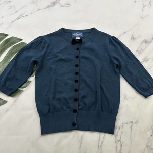 Collectif Womens Retro Cardigan Sweater Size M Blue Black Velvet Buttons Bow